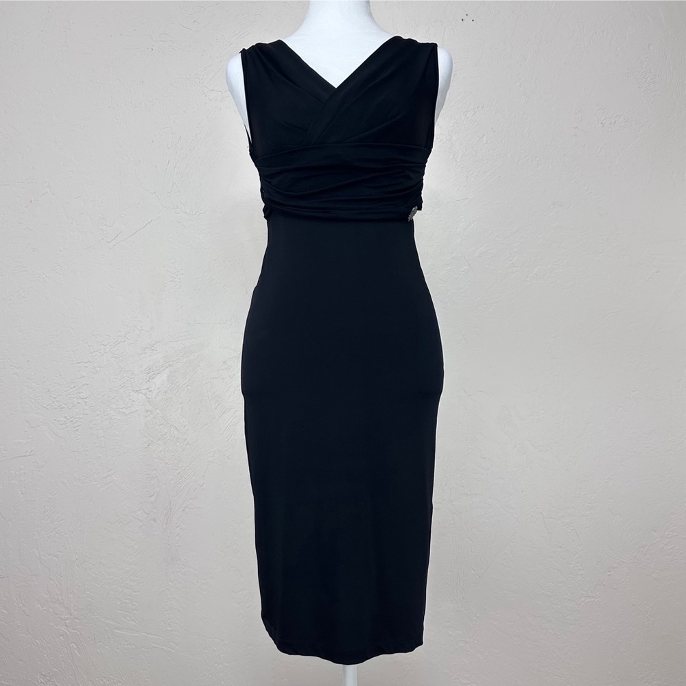 John Galliano Black Draped Stretch Jersey Sheath Dress Double V Neck 42 IT 6 US